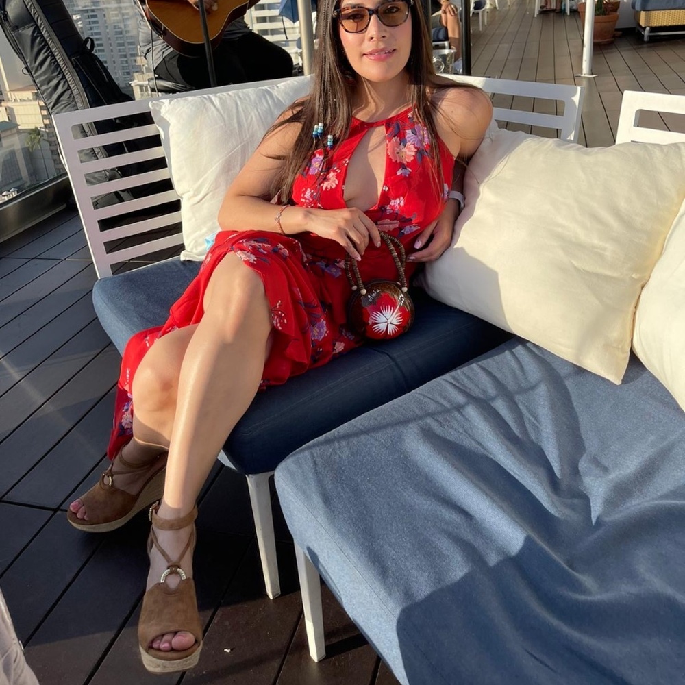 Vibrant long red dress with florals